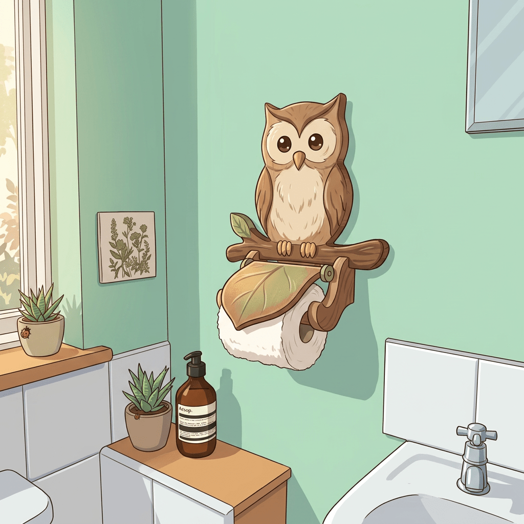 Wooden owl-shaped toilet paper holder with a roll attached on a light green bathroom wall